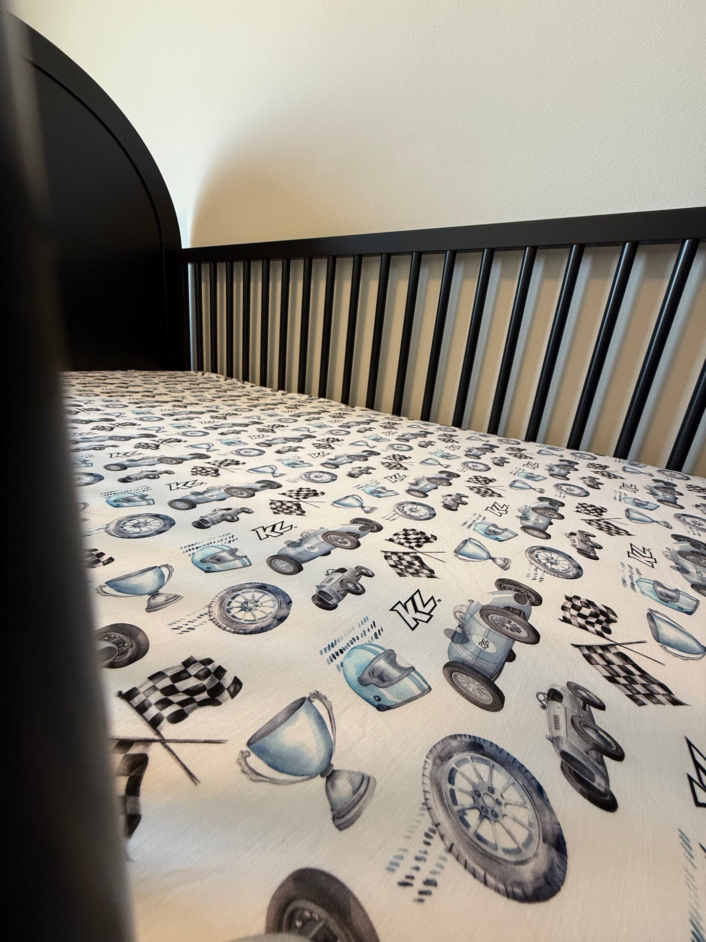 Vintage Baby Blue KL Race Car Design- Bamboo Crib Sheet