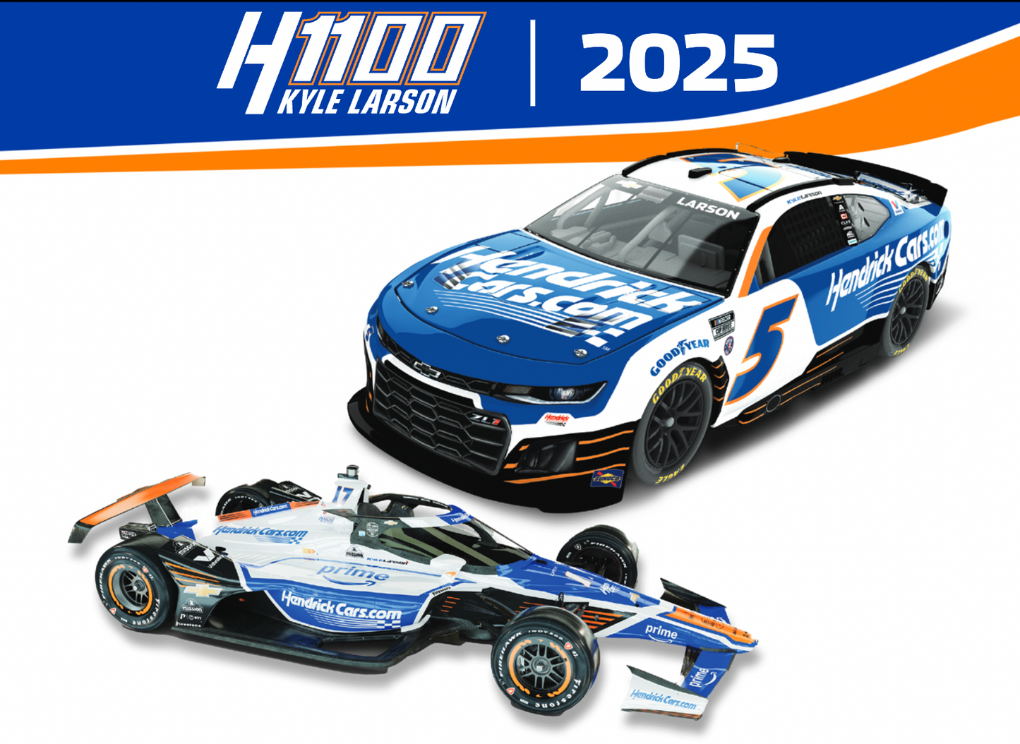 *PRE-ORDER* Kyle Larson 2025 H1100 HendrickCars.com Indy 500 No. 17 1:18 Scale & Coke 600 No. 5 1:24 Scale Liquid Color Two-Pack Die-Cast Set