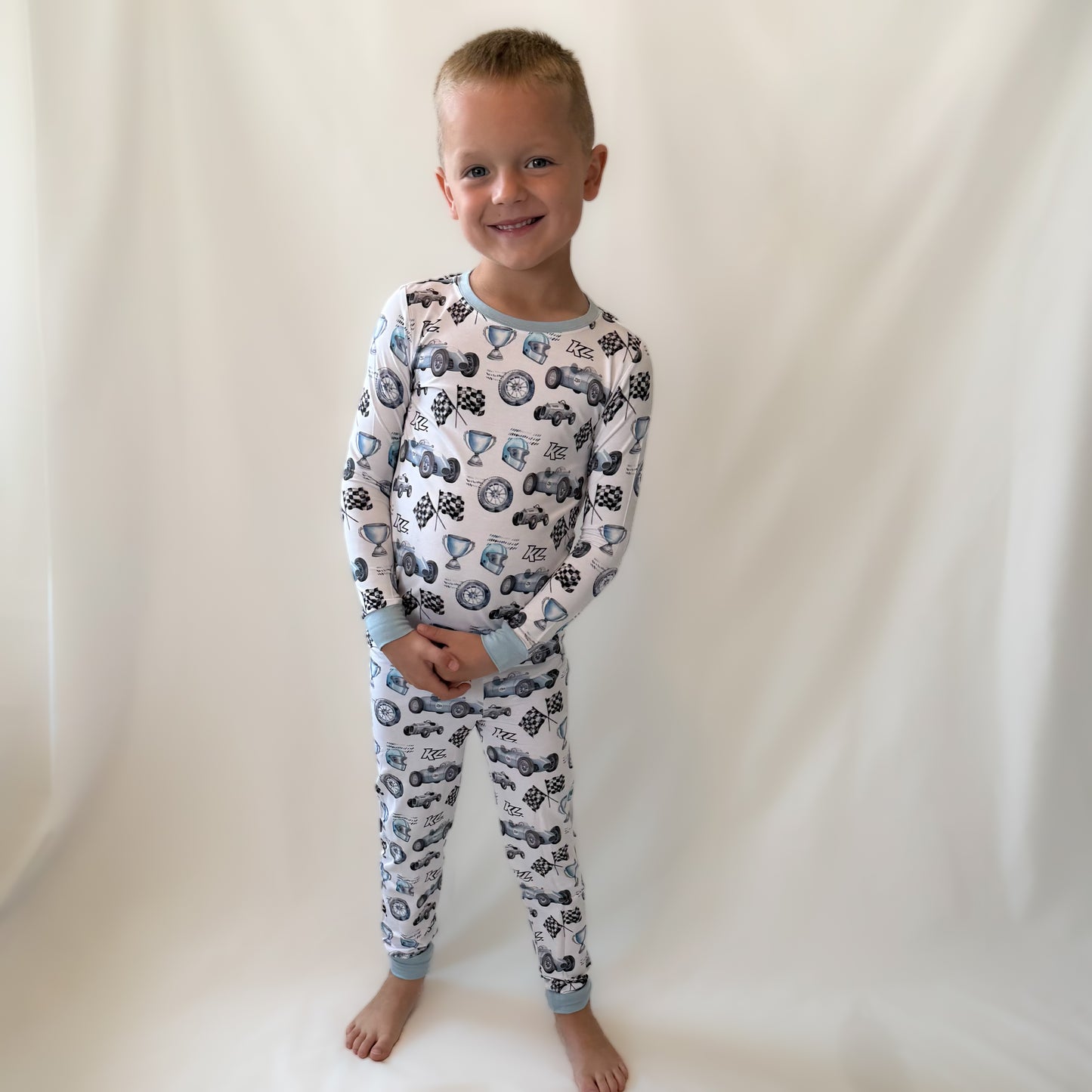 Vintage Baby Blue KL Race Car Design- Bamboo Kids 2-Piece Pajama Set