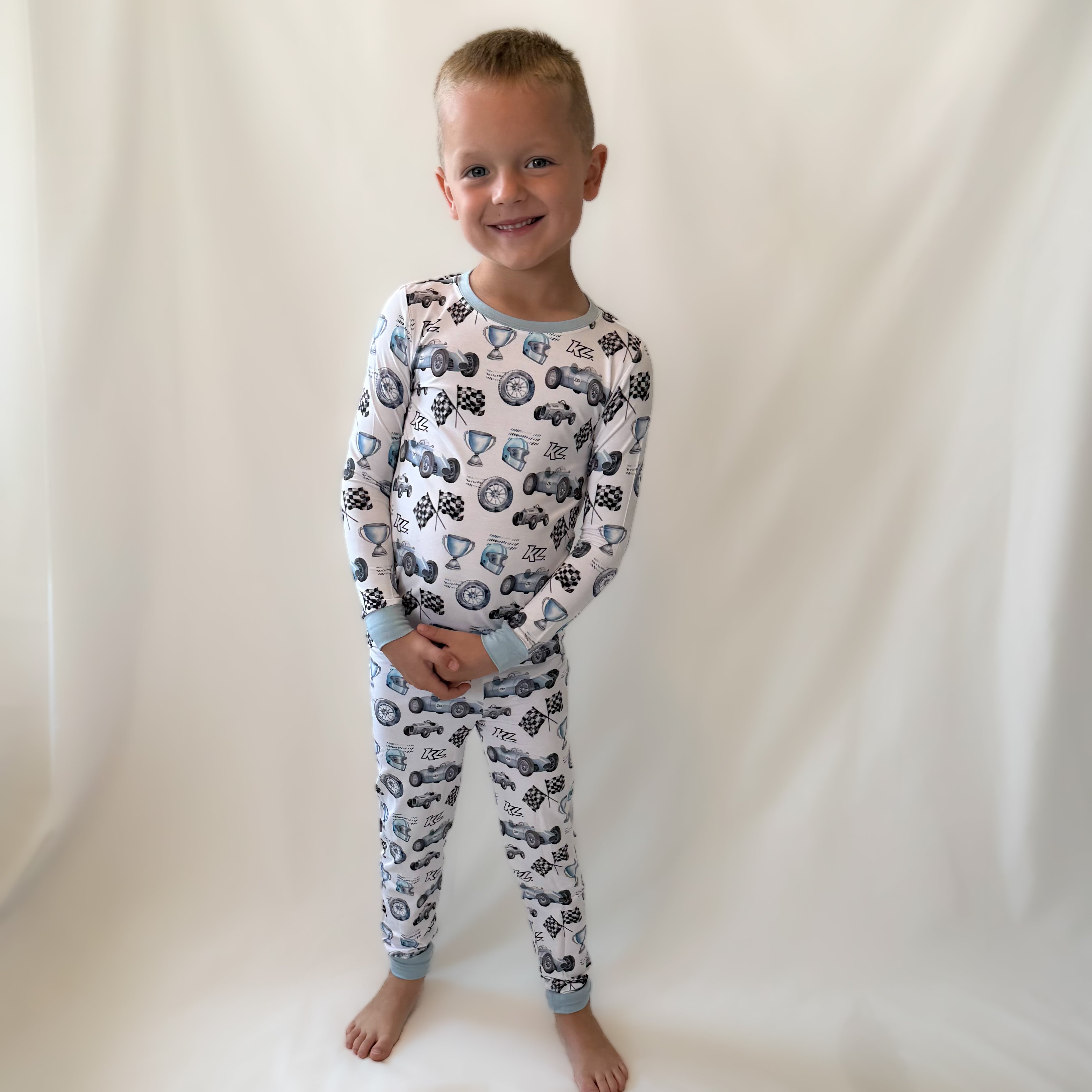 Vintage Baby Blue KL Race Car Design- Bamboo Kids 2-Piece Pajama Set