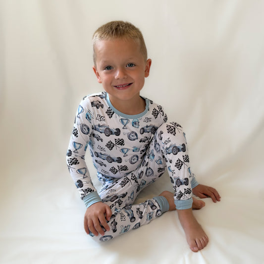Vintage Baby Blue KL Race Car Design- Bamboo Kids 2-Piece Pajama Set