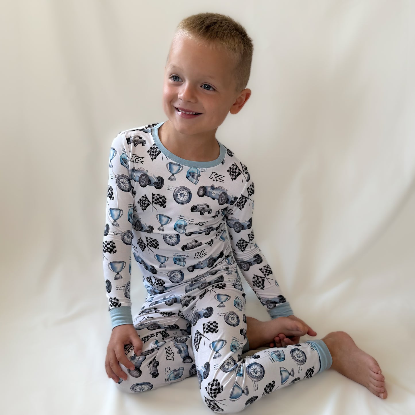 Vintage Baby Blue KL Race Car Design- Bamboo Kids 2-Piece Pajama Set