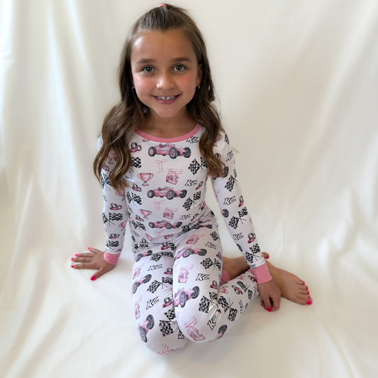 Vintage Baby Pink KL Race Car Design- Bamboo Kids 2-Piece Pajama Set