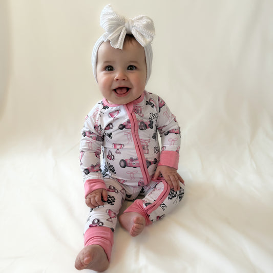 Vintage Baby Pink KL Race Car Design- Bamboo Baby Sleeper