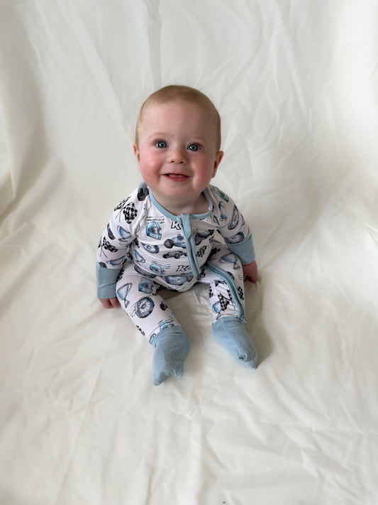 Vintage Baby Blue KL Race Car Design- Bamboo Baby Sleeper