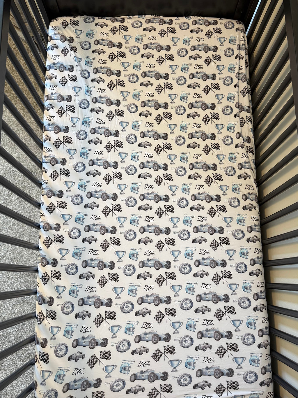 Vintage Baby Blue KL Race Car Design- Bamboo Crib Sheet