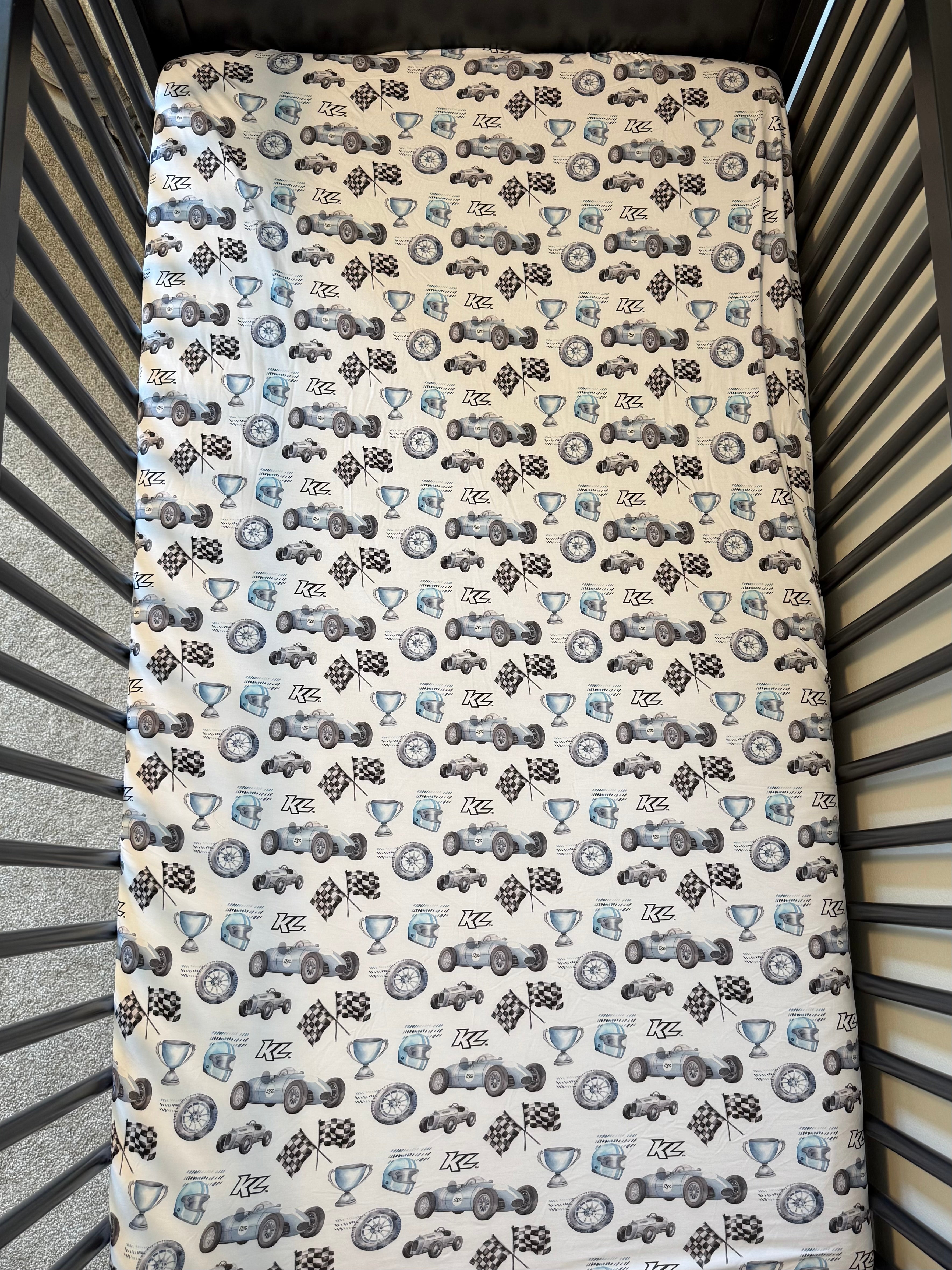 Vintage Baby Blue KL Race Car Design- Bamboo Crib Sheet
