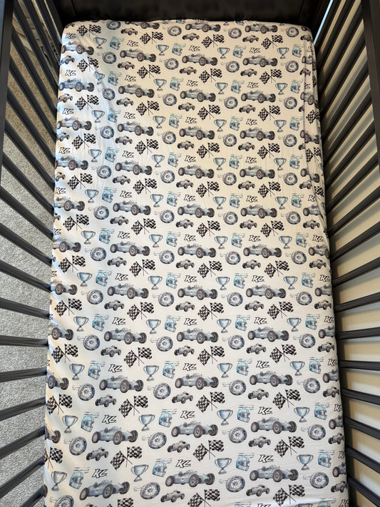 Vintage Baby Blue KL Race Car Design- Bamboo Crib Sheet