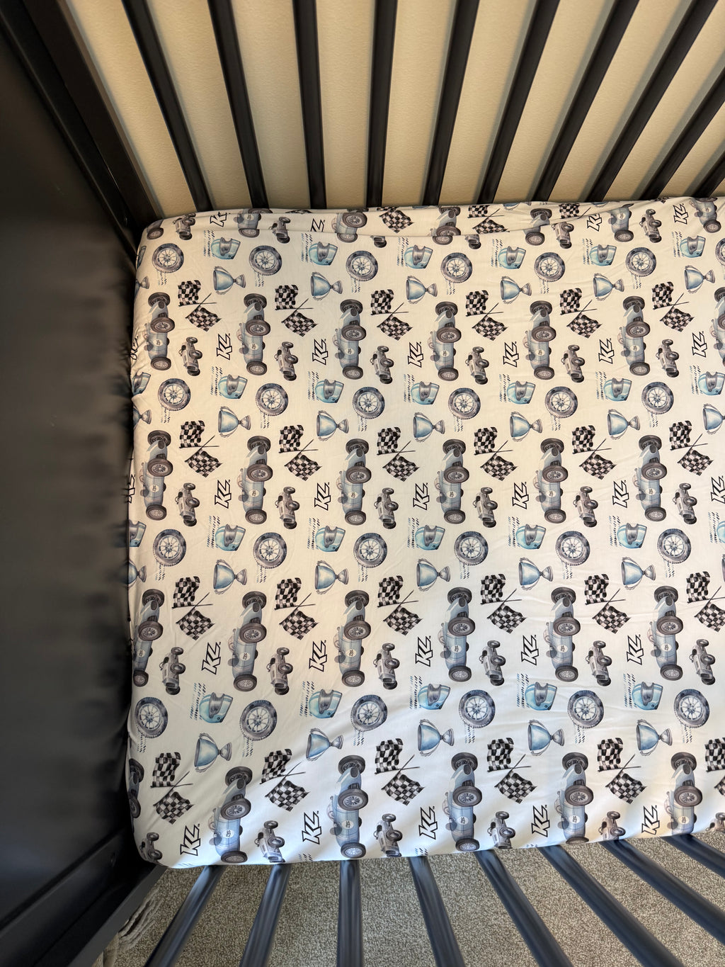 Vintage Baby Blue KL Race Car Design- Bamboo Crib Sheet
