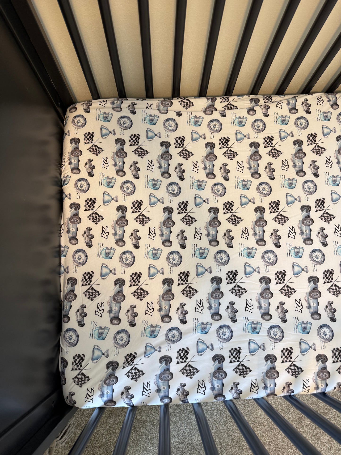 Vintage Baby Blue KL Race Car Design- Bamboo Crib Sheet