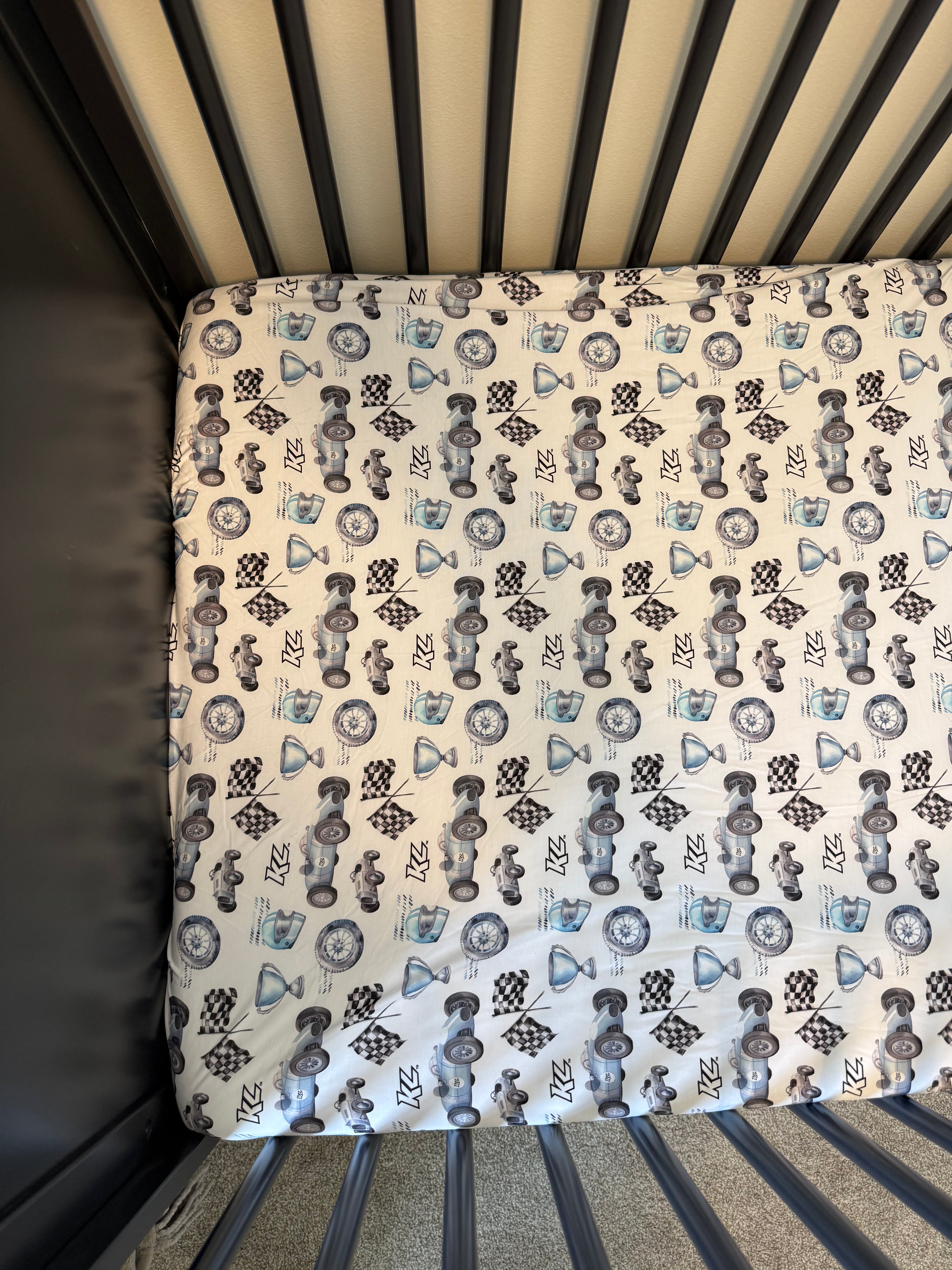Vintage Baby Blue KL Race Car Design- Bamboo Crib Sheet