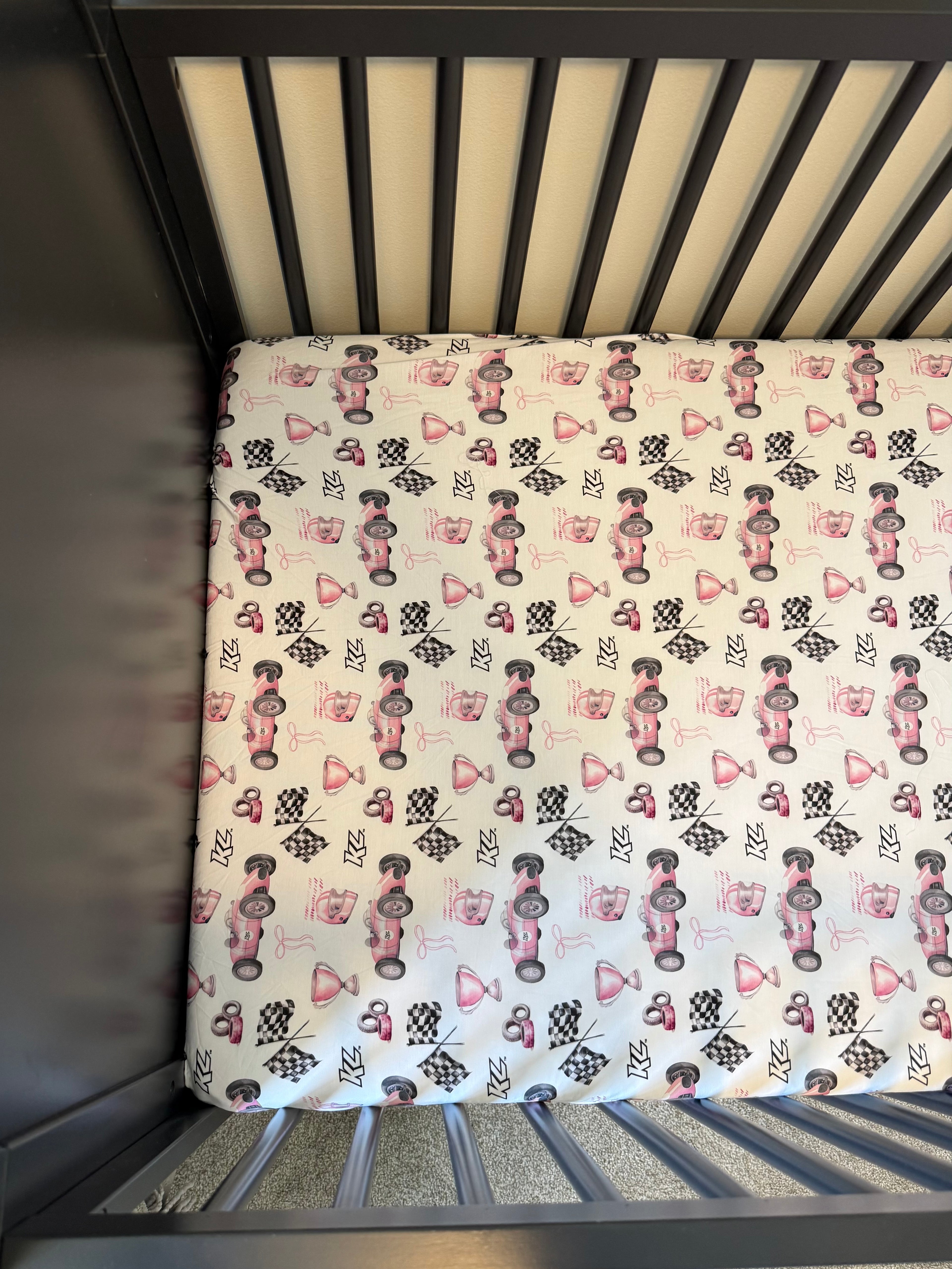 Vintage Baby Pink KL Race Car Design- Bamboo Crib Sheet