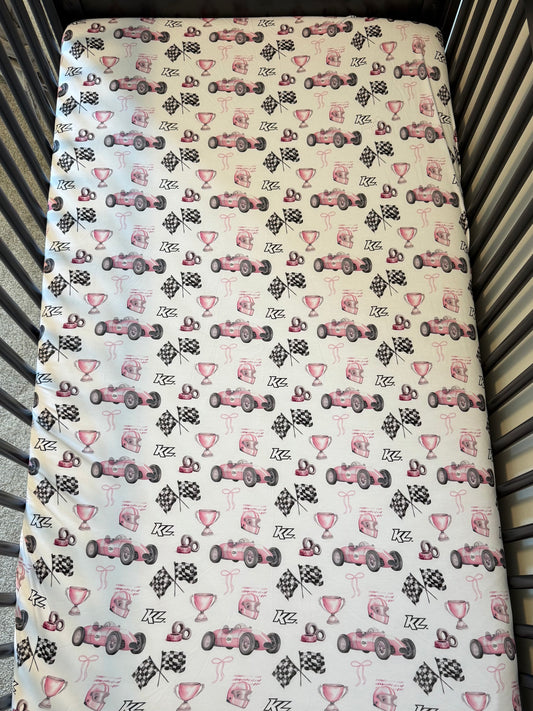 Vintage Baby Pink KL Race Car Design- Bamboo Crib Sheet