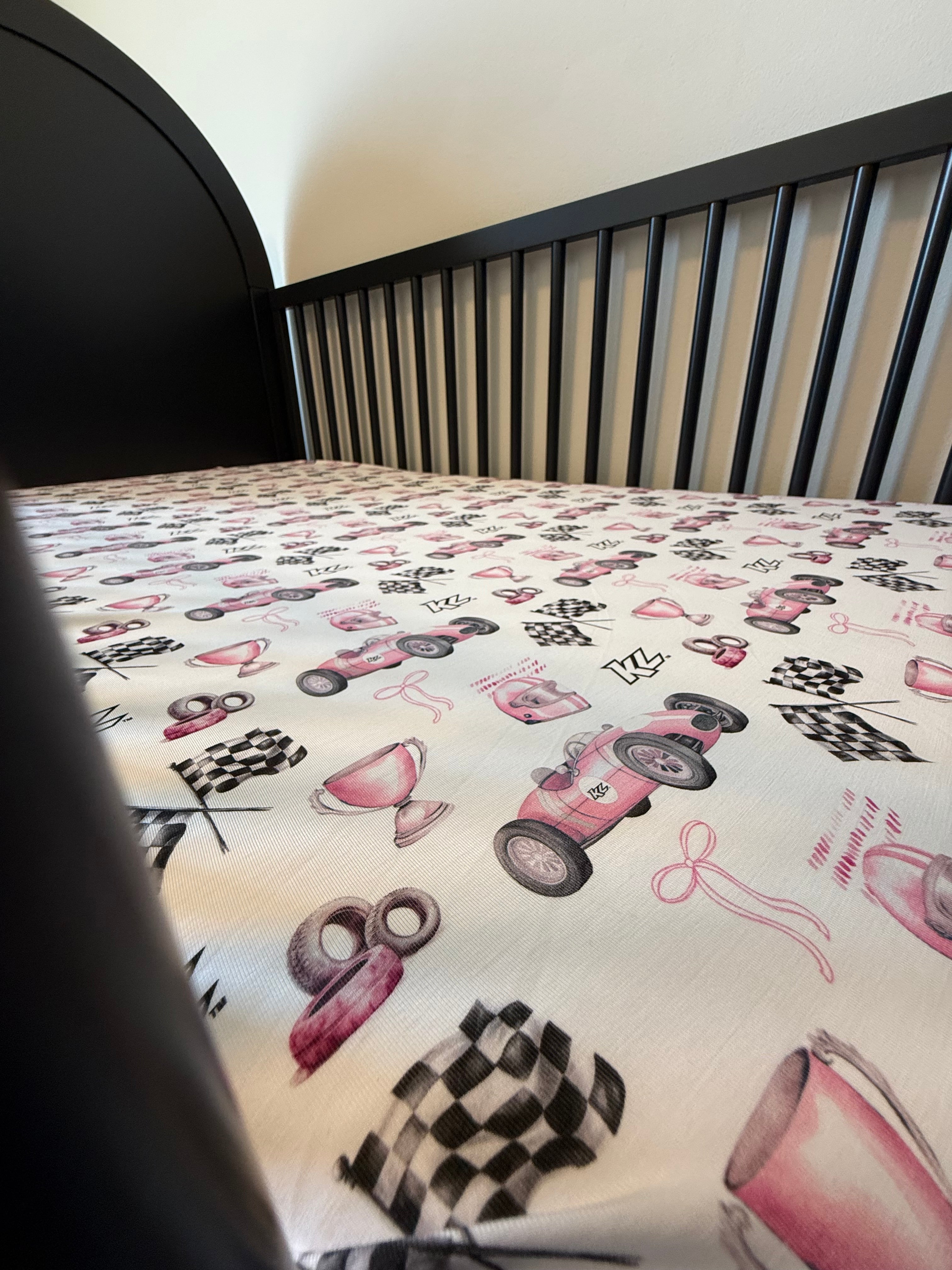 Vintage Baby Pink KL Race Car Design- Bamboo Crib Sheet