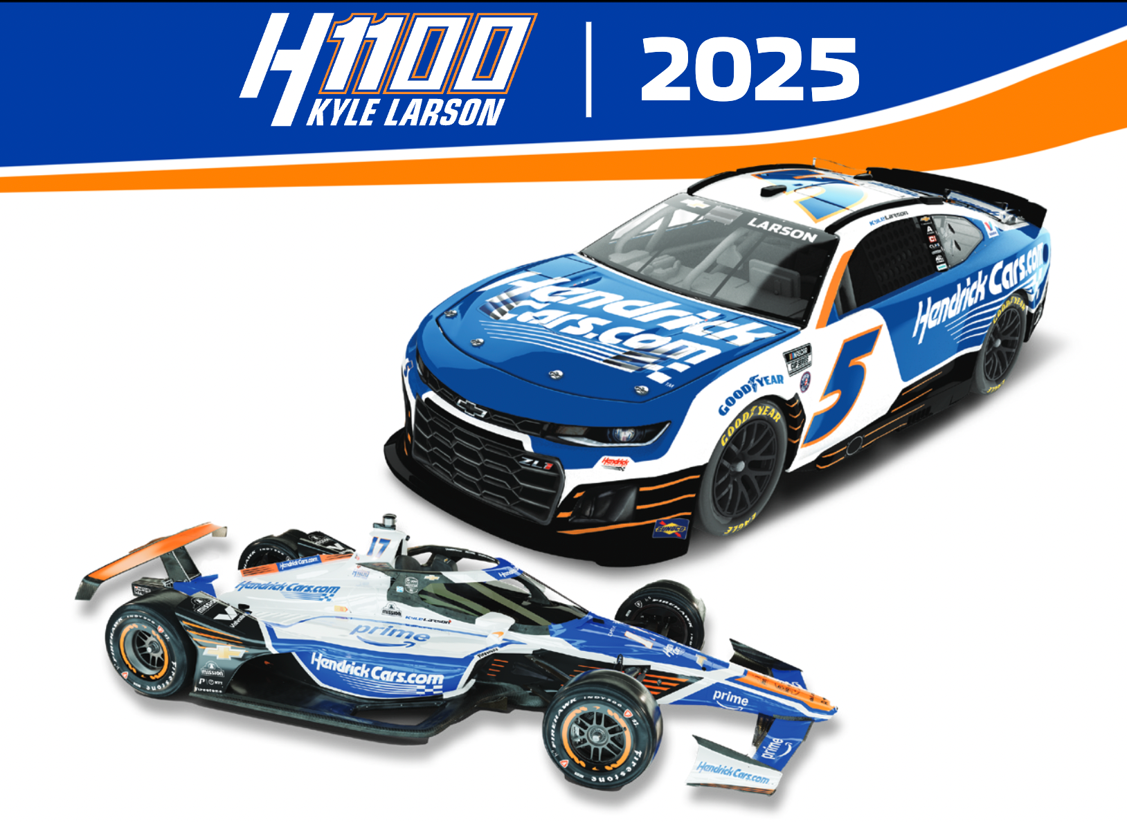 Kyle Larson 2025 H1100 HendrickCars.com Indy 500 No. 17 1:18 Scale & Coke 600 No. 5 1:24 Scale Two-Pack Die-Cast Set