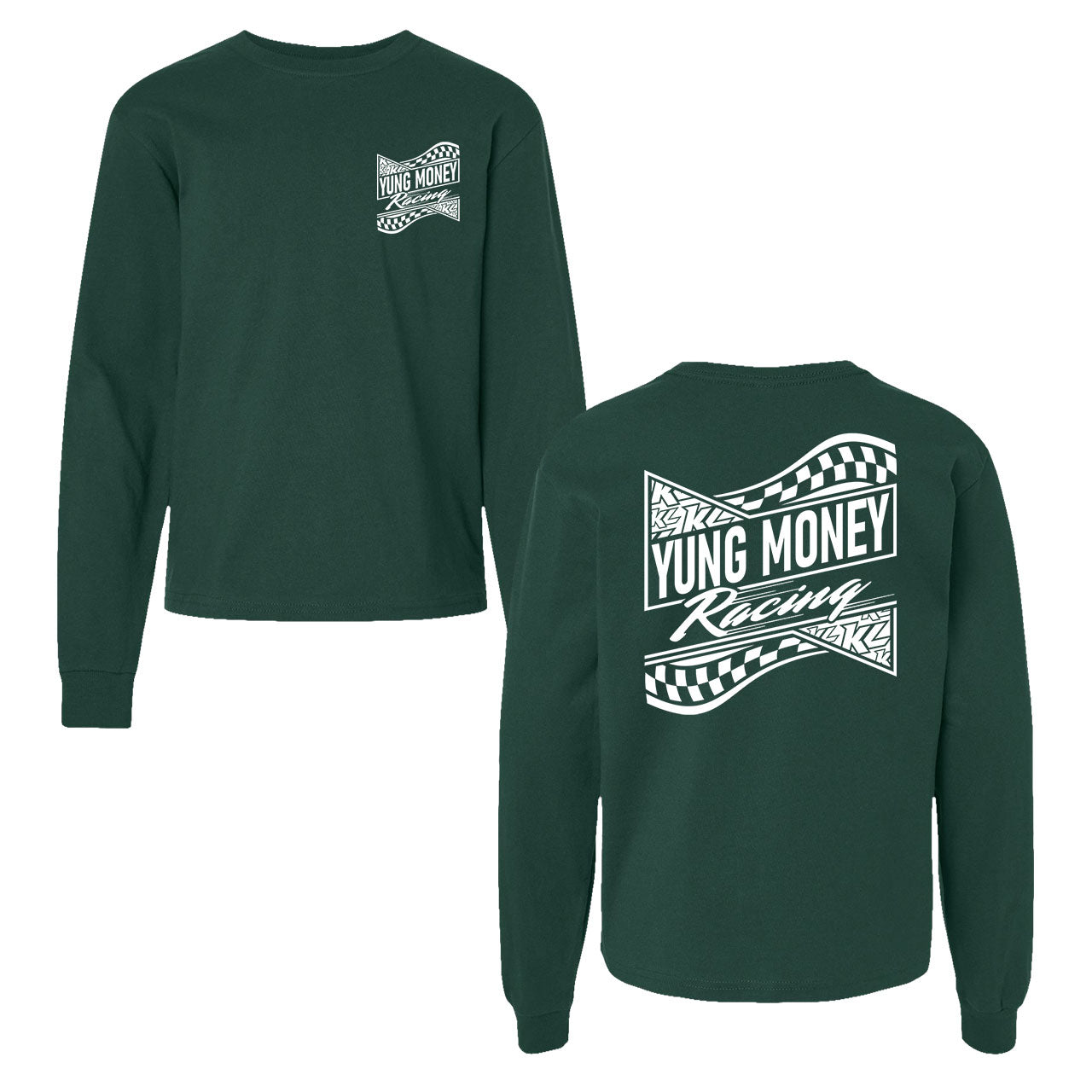 Yung Money Racing Kids Design- Youth Forest Green Long Sleeve T-Shirt